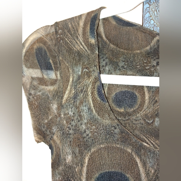 Sweet Pea Stacy Frati Y2K Vtg Nylon Peacock Feather Short Sleeve Top Sz Large - Picture 3 of 6